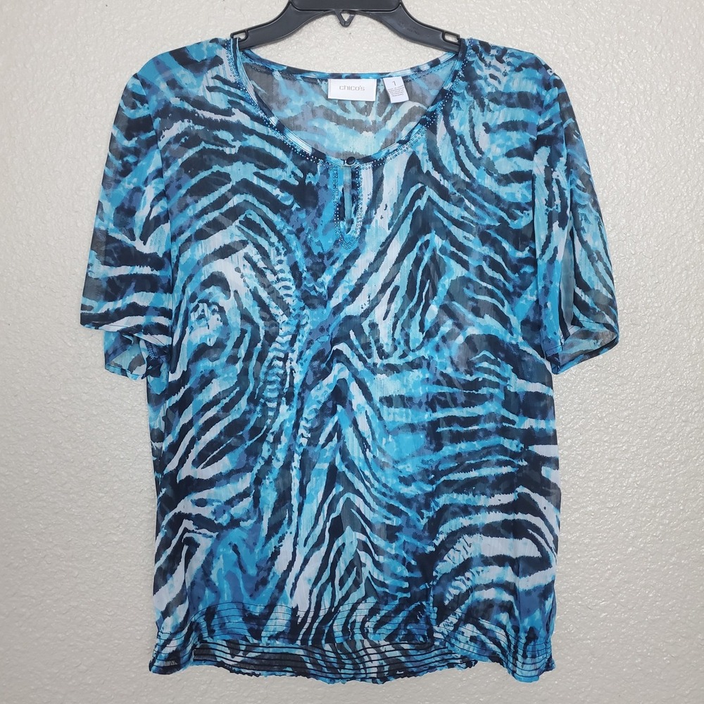 Chico's Women's Blue Zebra Stripe Sheer Short Sleeve Shirt Blouse Size (1) S